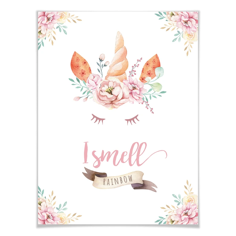 Poster Kvilis - I smell Rainbow - Einhorn mit Blumen und Wimpern 