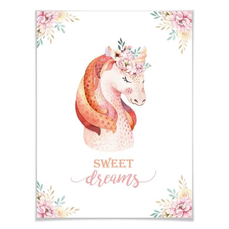 Poster Kvilis - Sweet Dreams - Einhorn mit Blumenkranz 