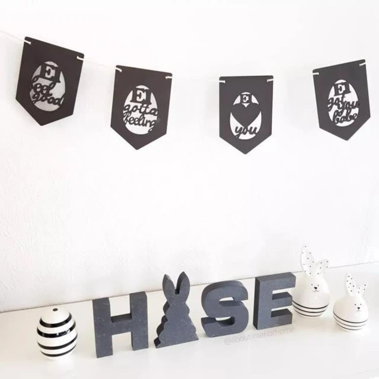 MDF - Holzdeko - Wimpelkette Ostern - Sprüche (4er Set) inkl. Baumwollseil 