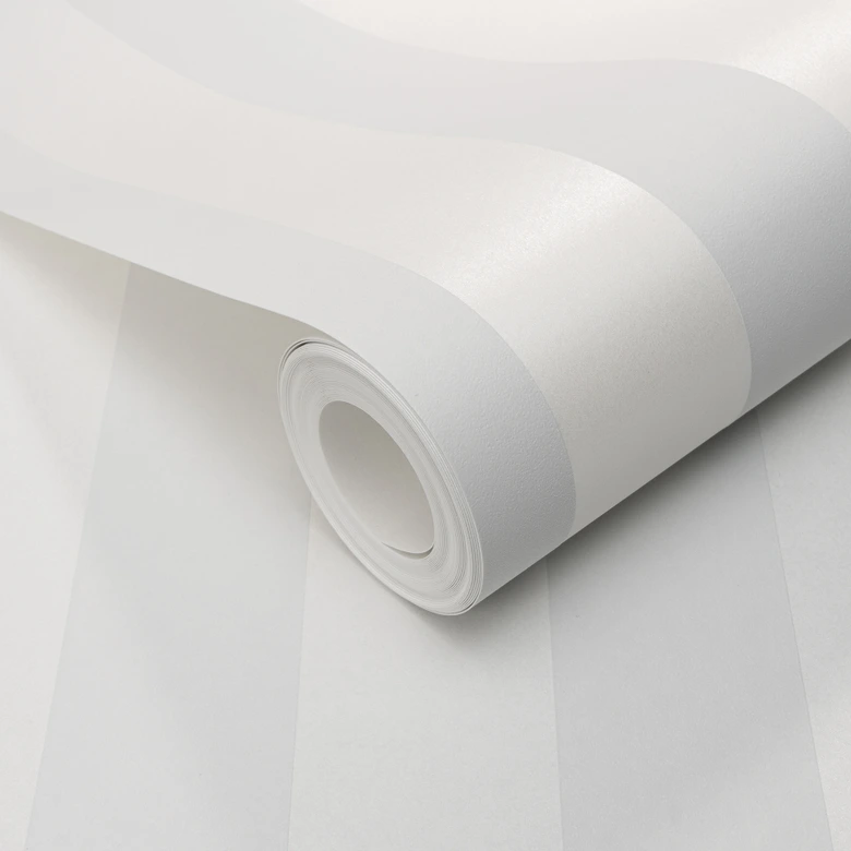 Papel pintado no tejido sin PVC con rayas y efecto metálico en blanco, plata 