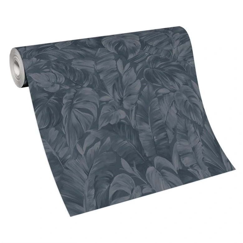 Non-woven tapet med junglemotiver i blå, grå 