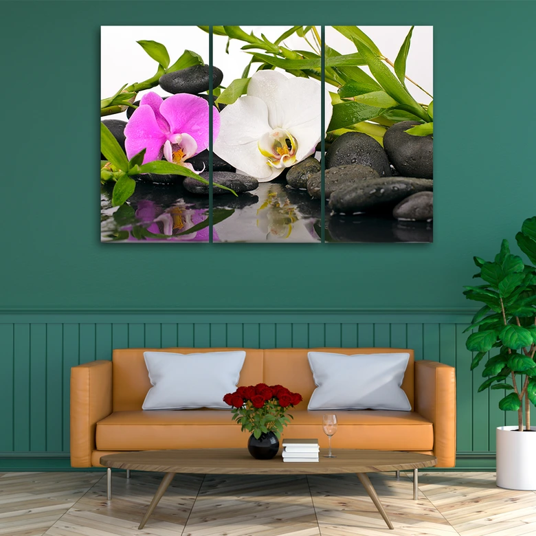 Leinwandbild 3-teilig, Zen Blumen Bambus Stein 