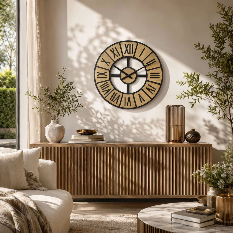 MDF landhuis wandklok in houtlook met Romeinse cijfers Ø50 cm 