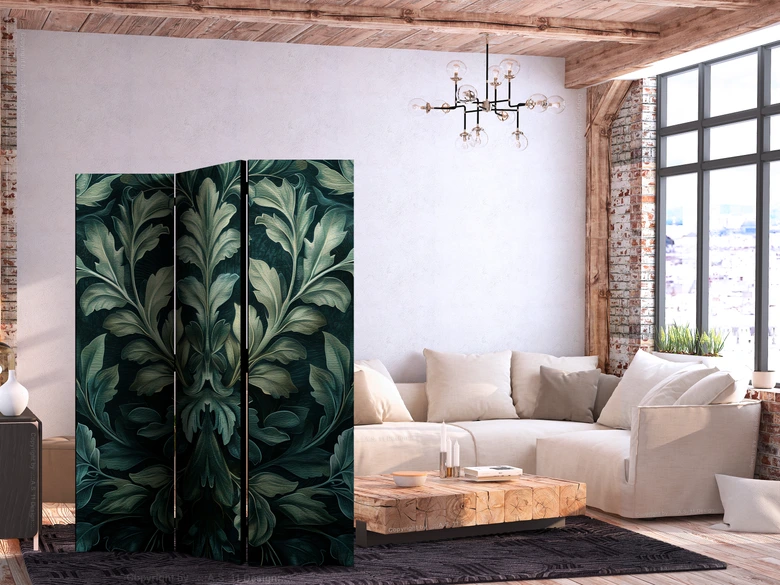 Paravent, Raumteiler freistehend, Trennwand - Dark Green Victorian Leaves - Botanical Carved Composition 