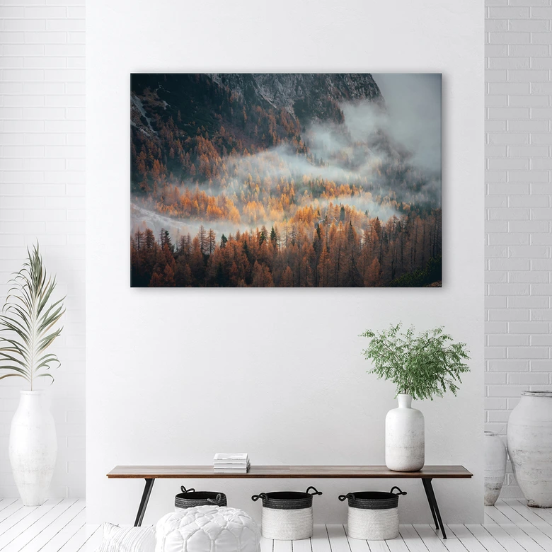 Leinwandbild, Landschaft Wald im Nebel 