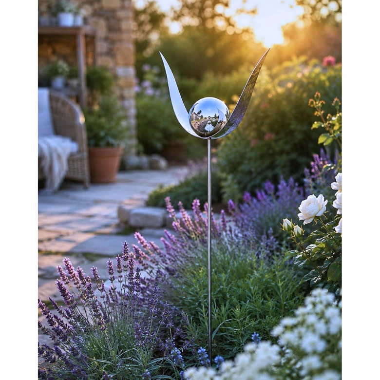 Gartenstecker Glänzender Edelstahl Kugel Metall Gartendeko - 110 cm 