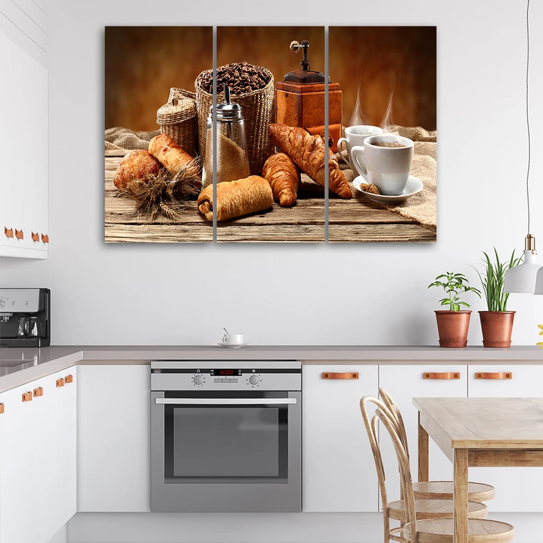 Leinwandbild 3-teilig, Kaffee mit Croissant 