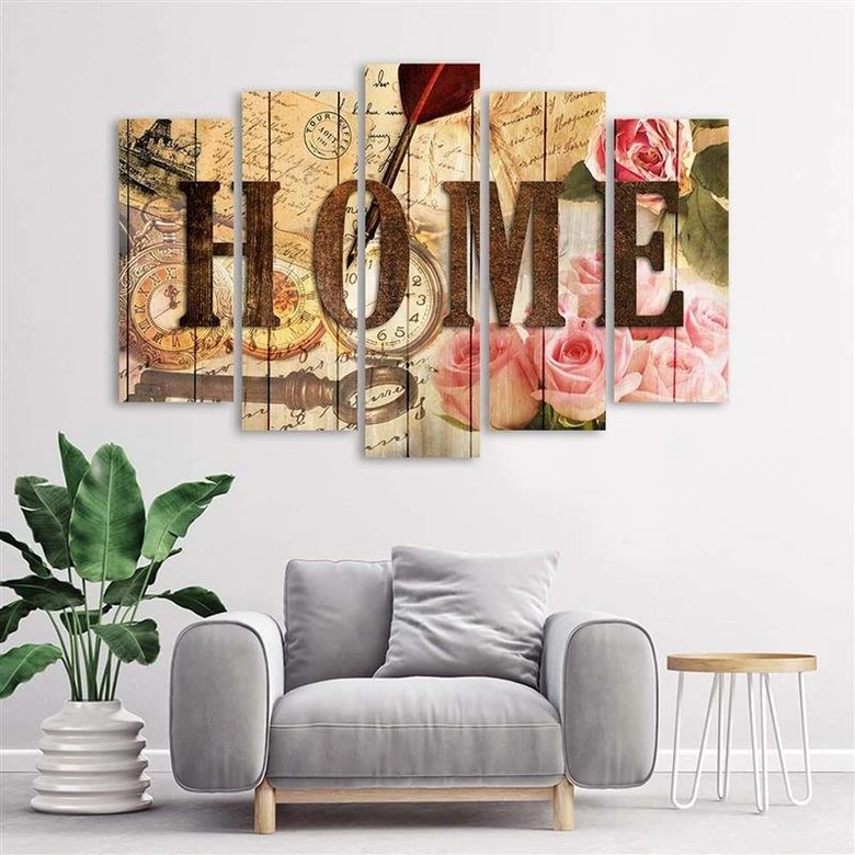 Wandbild 5-teilig, Home Retro Blumen Aufschrift 