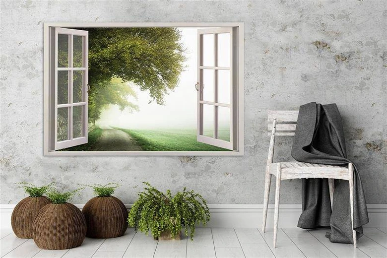 Leinwandbild, Fensterblick, nebliger Baum 