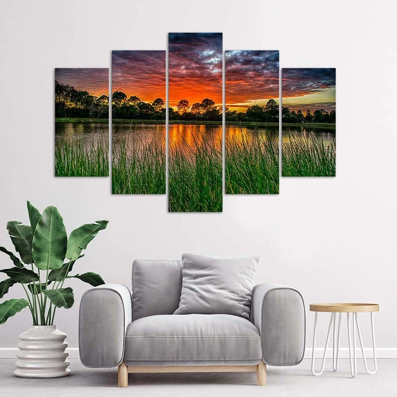 Leinwandbild 5 teilig, Sonnenuntergang See 