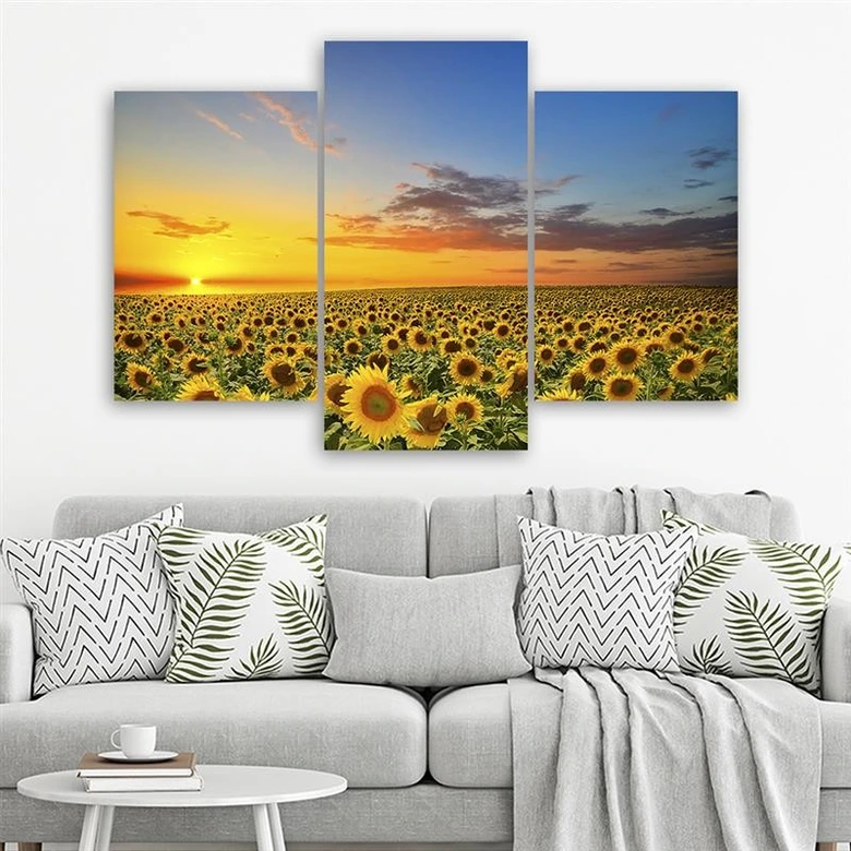 3-delige canvas print, zonnebloemen bloemenweide 