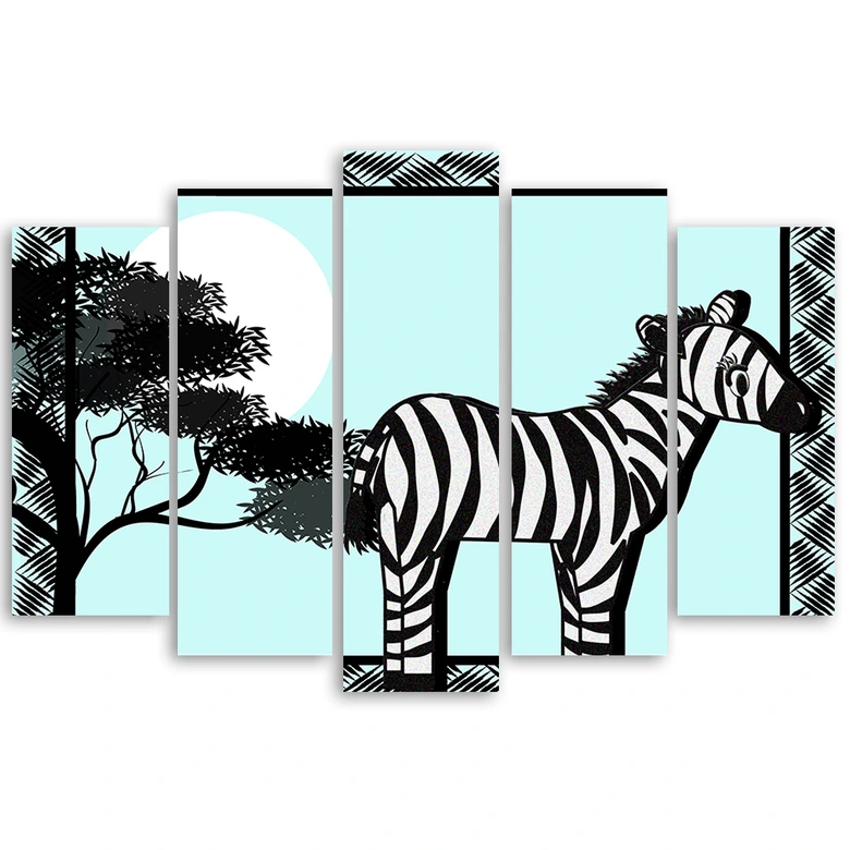 Leinwandbild 5 teilig, Zebra Safari Blau 