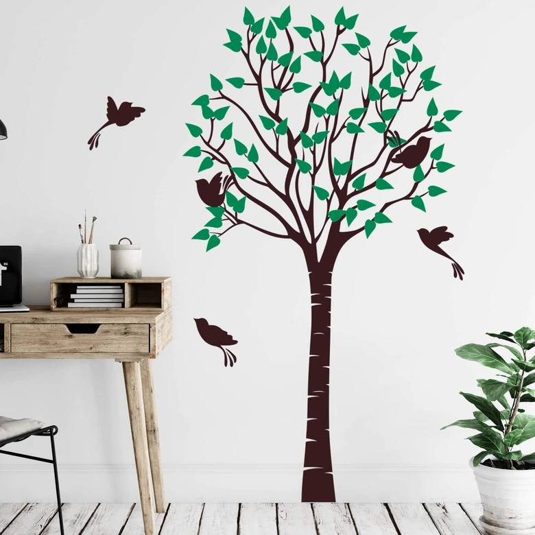 Sticker mural bicolore - Arbre fin aux oiseaux 