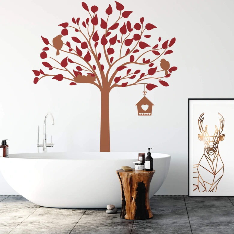 Wandtattoo Hoher Baum mit Vögeln  2-farbig 