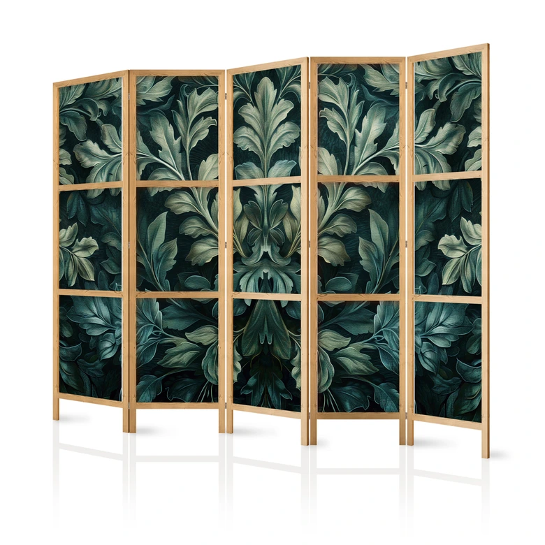 Japanischer Paravent, Raumteiler freistehend, Trennwand - Dark Green Victorian Leaves: Botanical Carving 