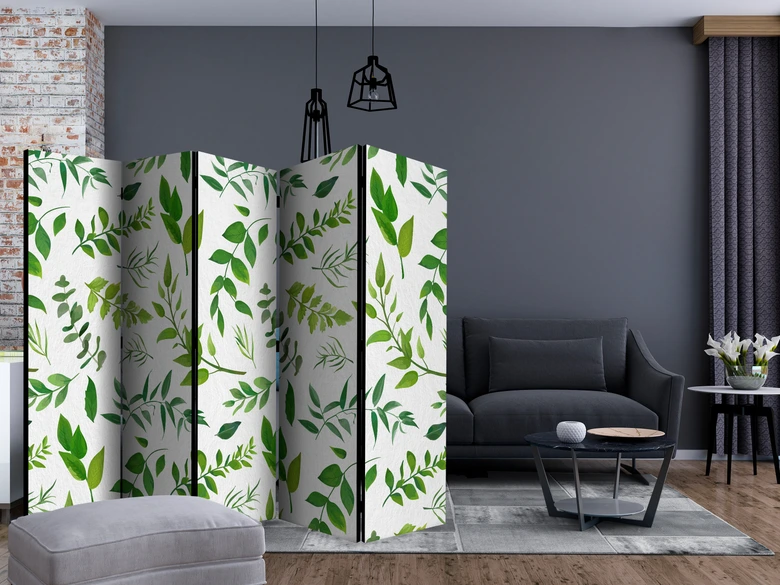 Paravent, Raumteiler freistehend, Trennwand - Green Twigs II, 5-teilig - einseitig bedruckt - 225x172 cm 