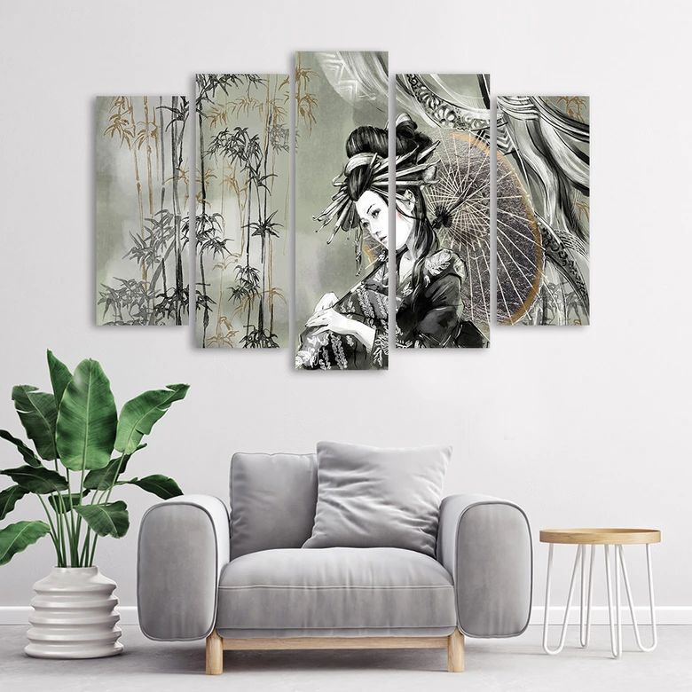 Leinwandbild 5 teilig, Geisha und Bambus 
