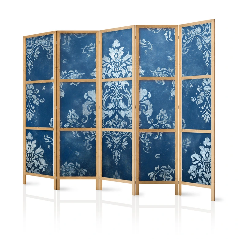 Japanischer Paravent, Raumteiler freistehend, Trennwand - Retro Ornament - Decorative Motif in Worn Blues 