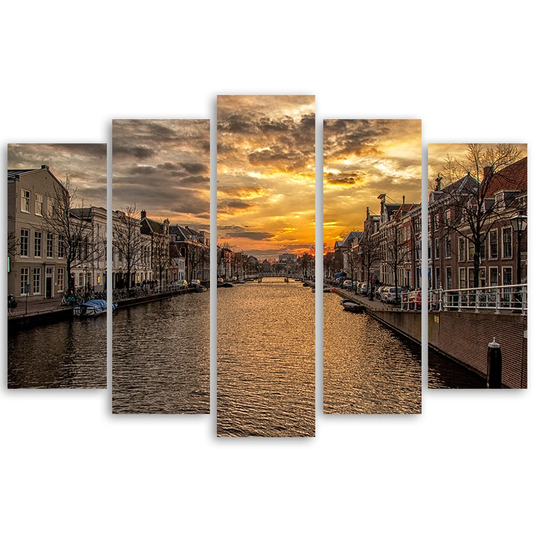 Canvas print 5 stuks, Amsterdamse grachtenpanden stad 
