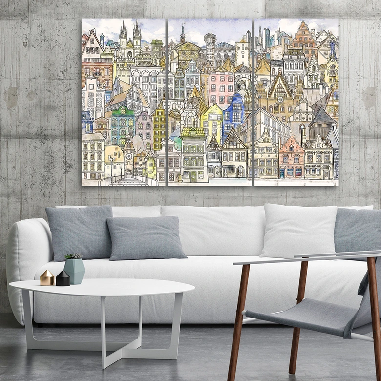 Leinwandbild 3 teilig, Fröhliche Stadt 