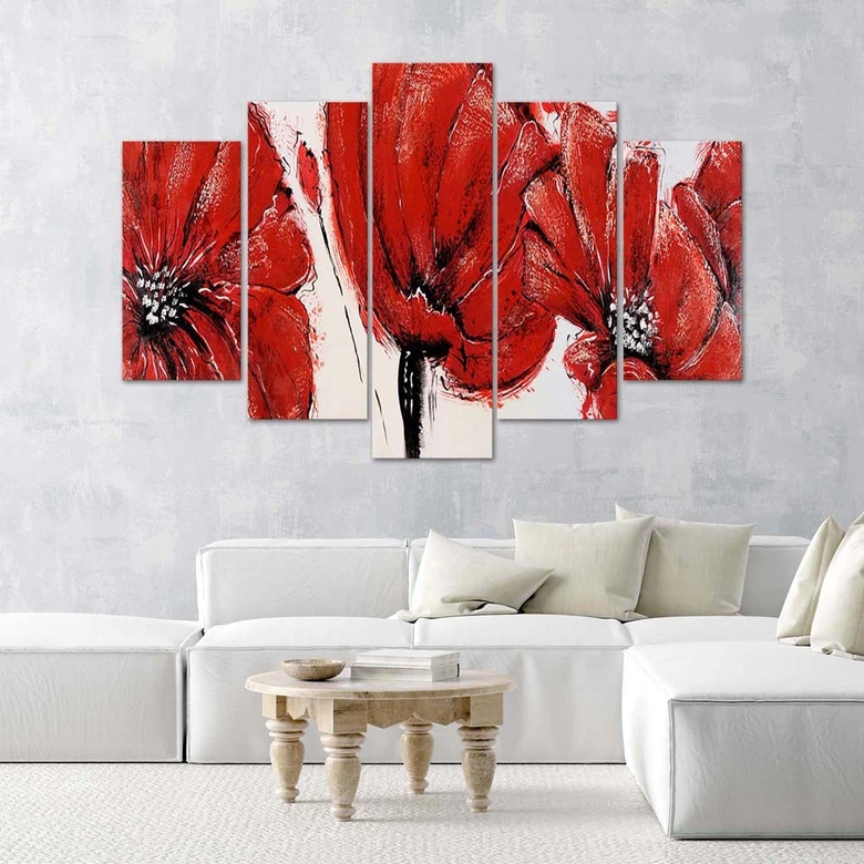 Leinwandbild 5 teilig, Rote Acrylblumen 
