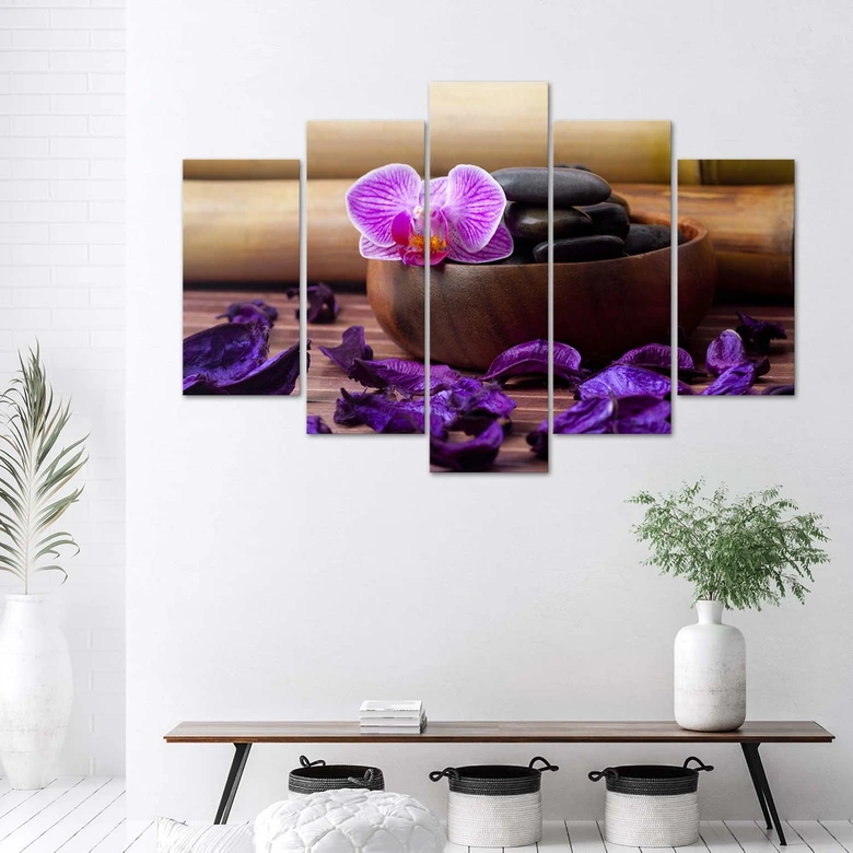 Leinwandbild 5 teilig, Orchideen-Zen-Spa-Steine 