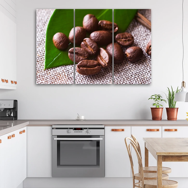 Leinwandbild 3-teilig, Kaffeebohnen-Blatt 