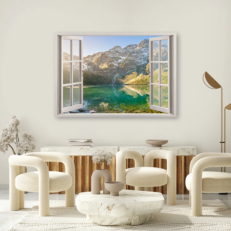 Leinwandbild, Fensterblick Wald im Nebel Berge 