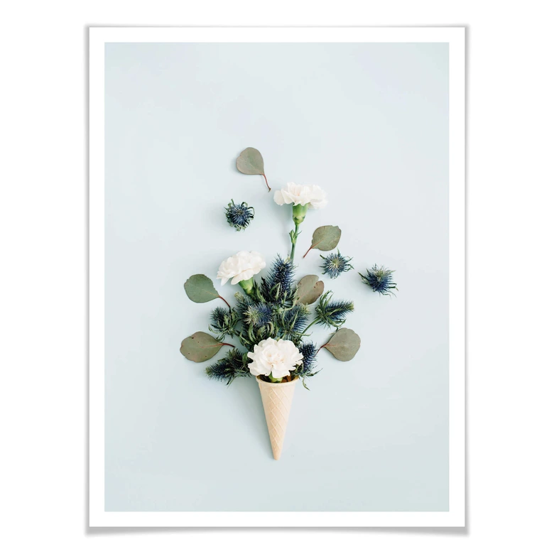 Poster Blüten in der Eistüte - blau 