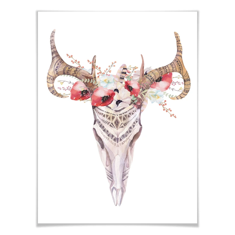Poster Kvilis - Boho Skull Rote Blumen 