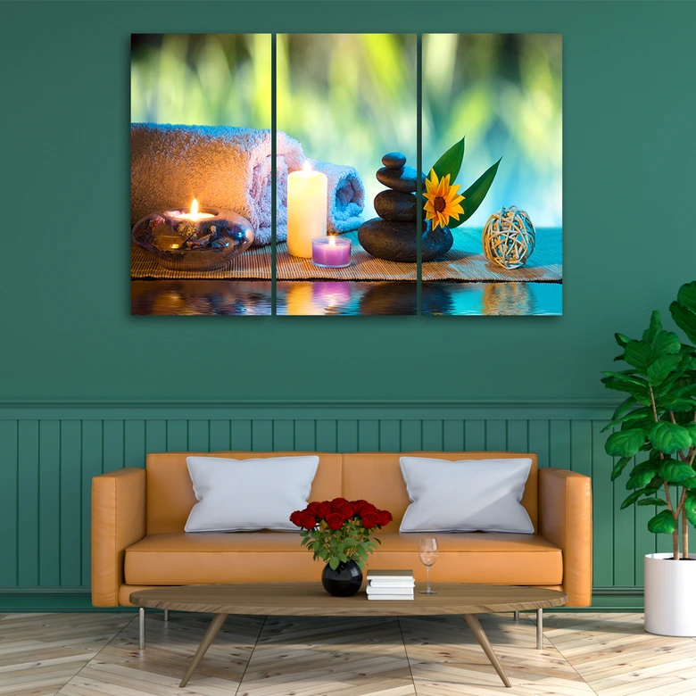 Impression sur toile en 3 parties, bougie zen 