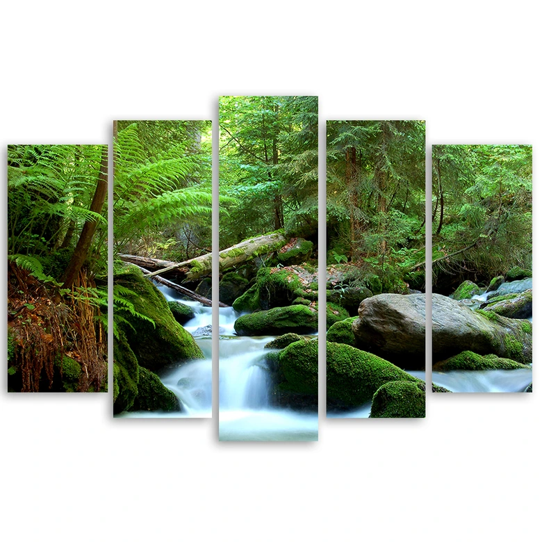 Leinwandbild 5 teilig, Wald Felsen Wasserfall 