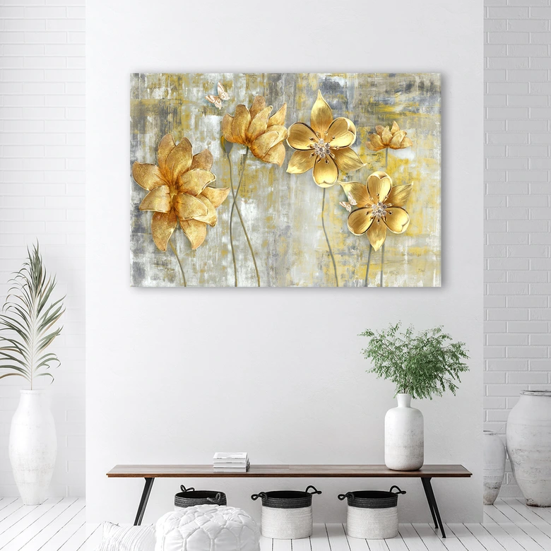 Leinwandbild, Goldene Blumen und Schmetterlinge 