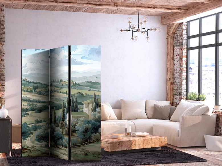 Paravent, Raumteiler freistehend, Trennwand - Landscape with Green Fields and Trees - Tuscan Sunny View 
