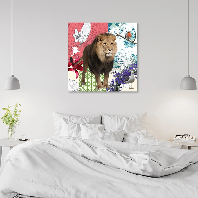 Leinwandbild, Löwe und Vögel Collage 