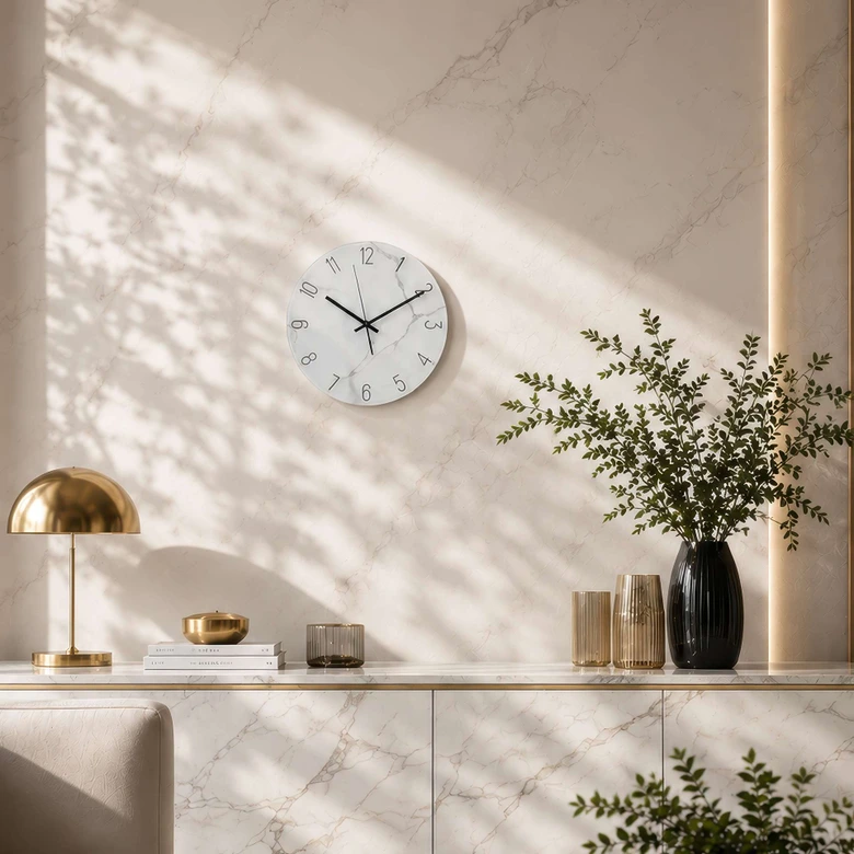 Elegante glazen wandklok in wit marmerlook met zwarte cijfers Ø30 cm 