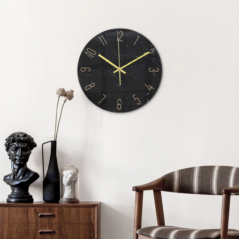 Modern wall clock made of glass in a black marble look Ø30 cm 