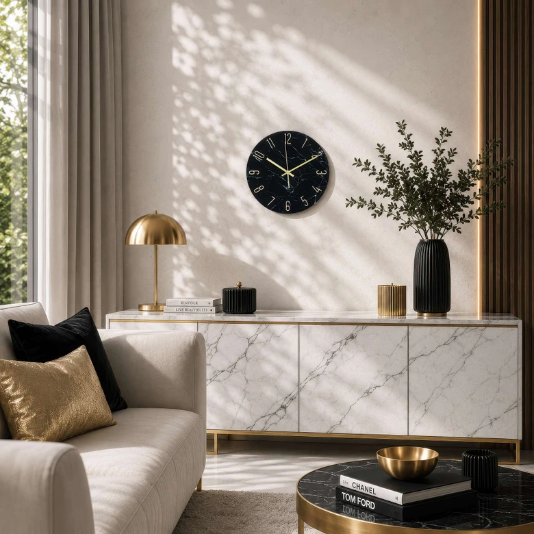 Moderne wandklok van glas in zwart marmerlook Ø30 cm 