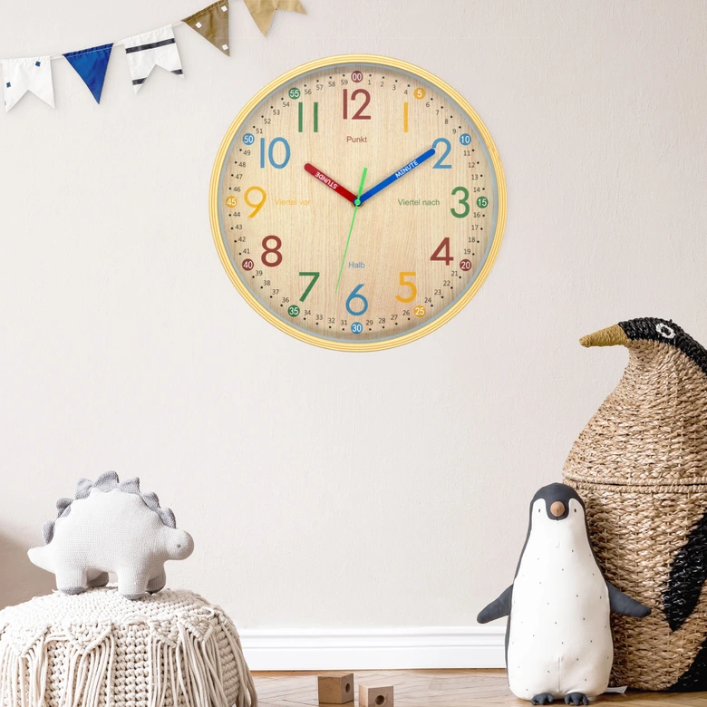 Kinderuhr - analoge Lernuhr rund für das Kinderzimmer - Wanduhr für Jungen & Mädchen - Holz-Optik Ø30 cm 