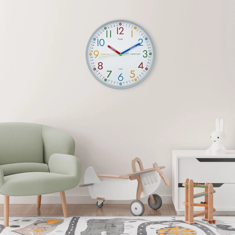Analoge Lernuhr Kinderzimmer Wanduhr leise Kinderuhr für Grundschulkinder Metall-Optik Ø30 cm 
