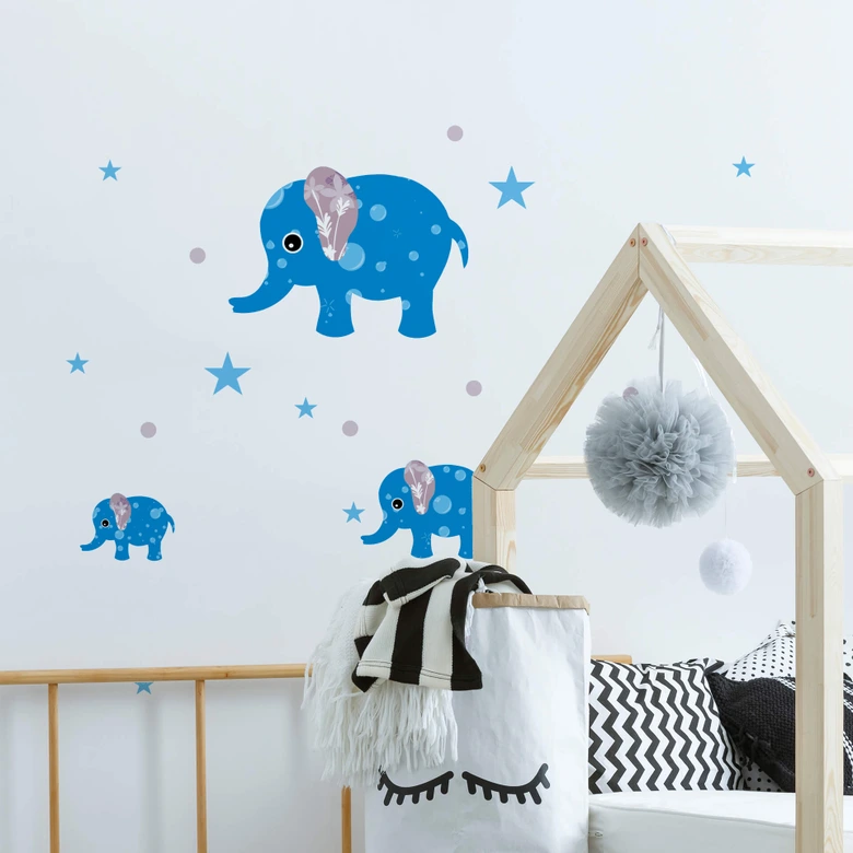 Wandtattoo Muster-Elefanten-Set blau 