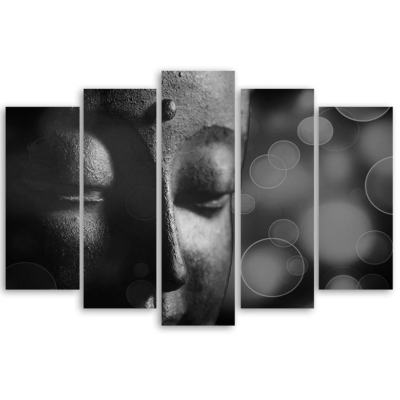 Leinwandbild 5 teilig, Buddha Statue Schwarz und Weiß 