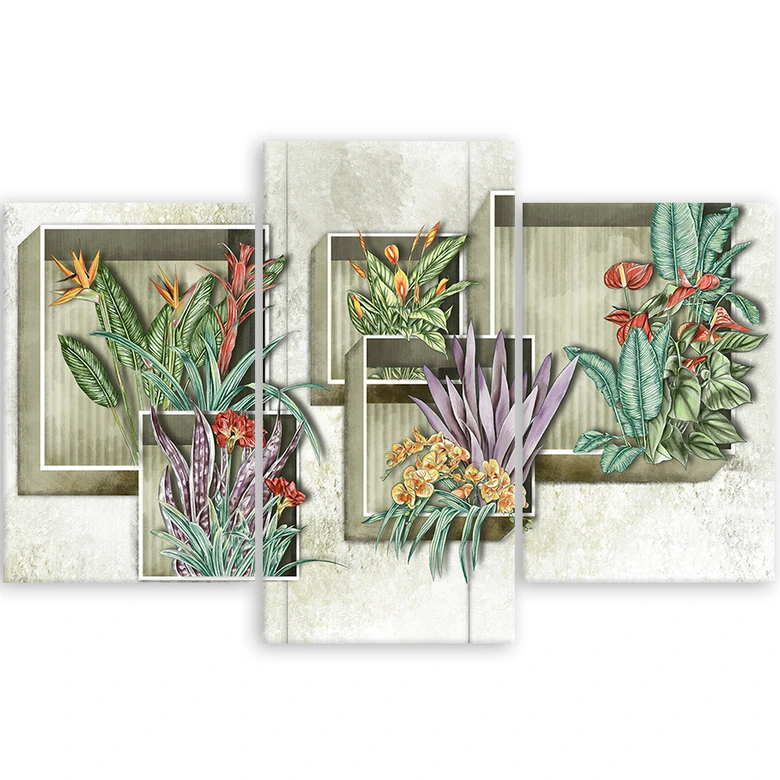 Leinwandbild 3 teilig, Quadratkisten Regale mit Blumen 