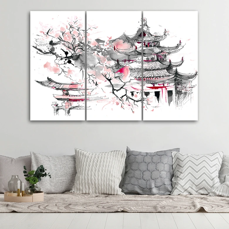 3 stykke lærredstryk, japansk landskab 