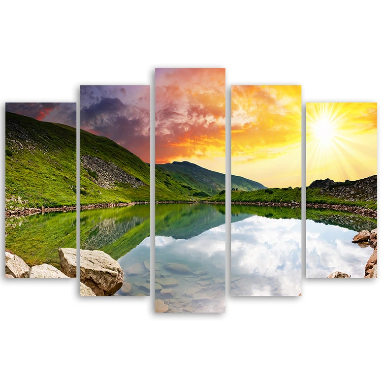 Wandbild 5-teilig, Sonnenuntergang Landschaft See 