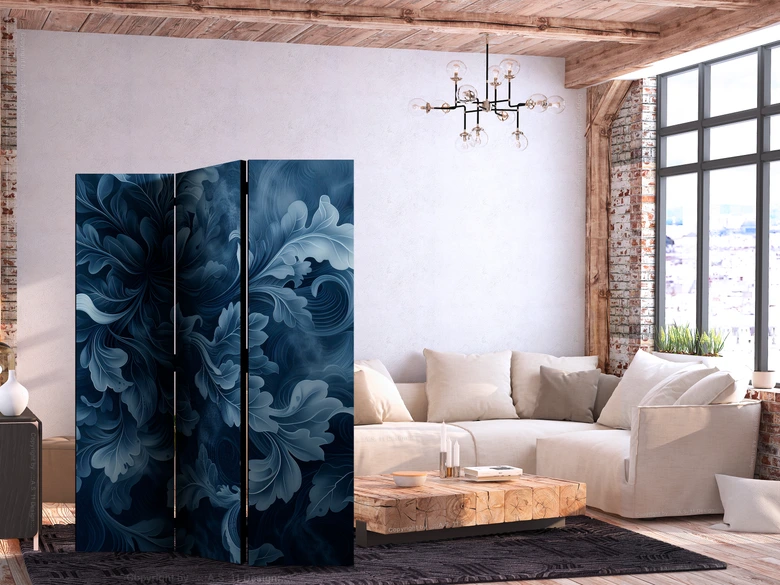 Paravent, Raumteiler freistehend, Trennwand - Abstract Ornaments - Dark Blue Victorian Leaves 