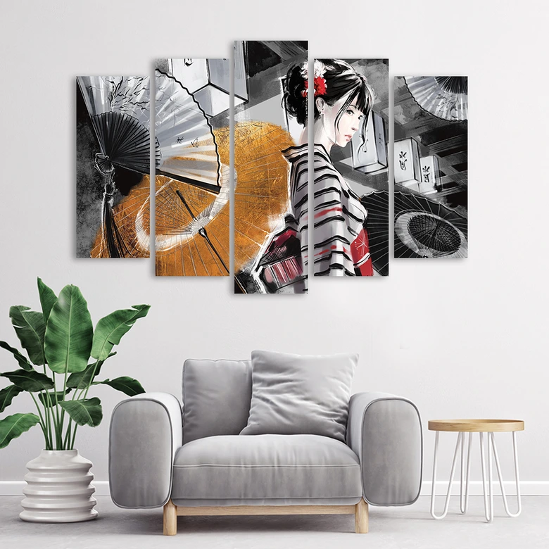 Leinwandbild 5 teilig, Geisha mit einem Fan 