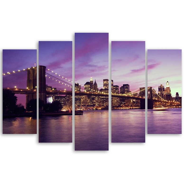 Wandbild 5-teilig, New York Brooklyn Bridge Lila 