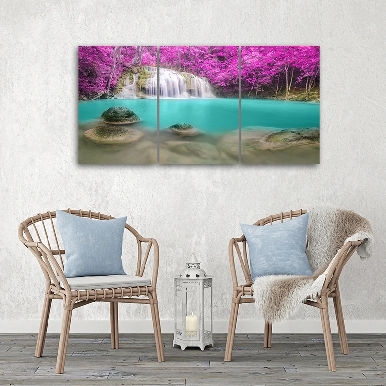 Leinwandbild 3-teilig, Wasserfall-See-Landschaft 