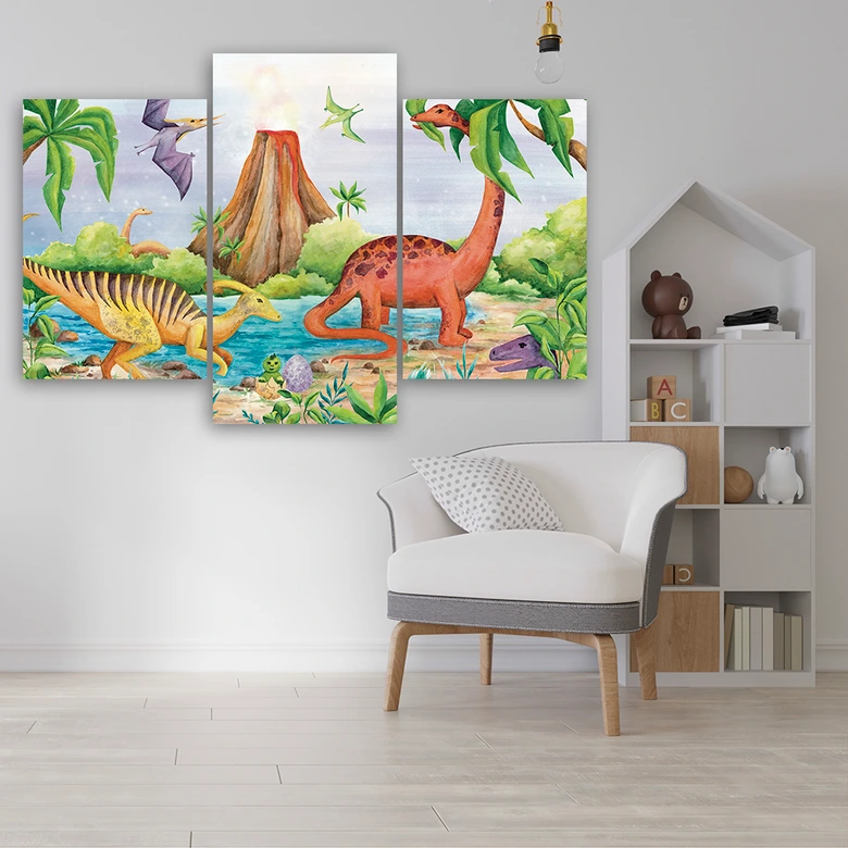 Leinwandbild 3 teilig, Dinosaurier am See 